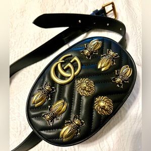 GG Quilted Bee Belt Bag Embellished Black Leather Gold